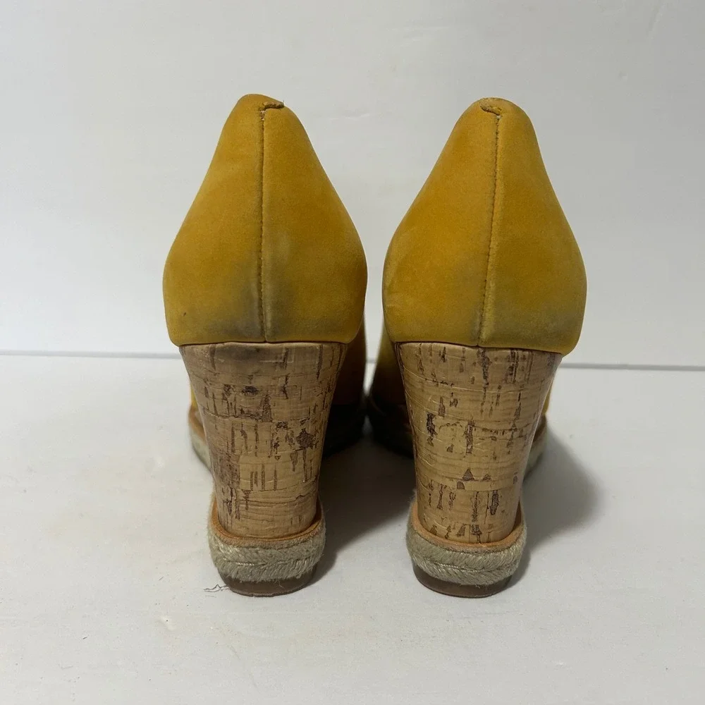 Cole Haan Peep Toe Wedges Women 9.5B Mustard Yellow Good Cork Espadrille D38122